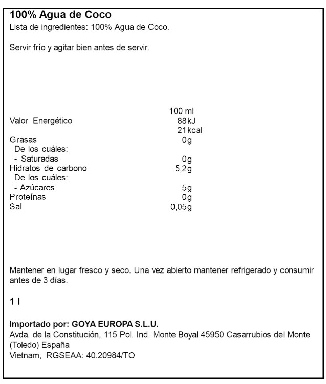 Agua de coco natural y refrescante Goya 1l