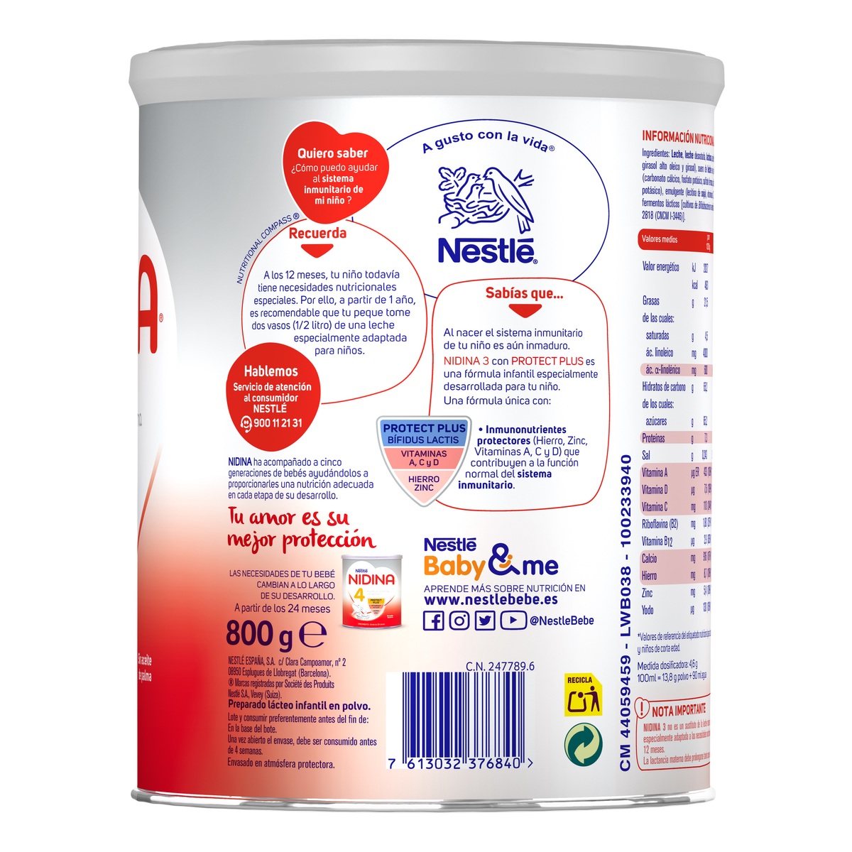 Leche en polvo de crecimiento Nidina 3 Nestlé desde 12meses 800g