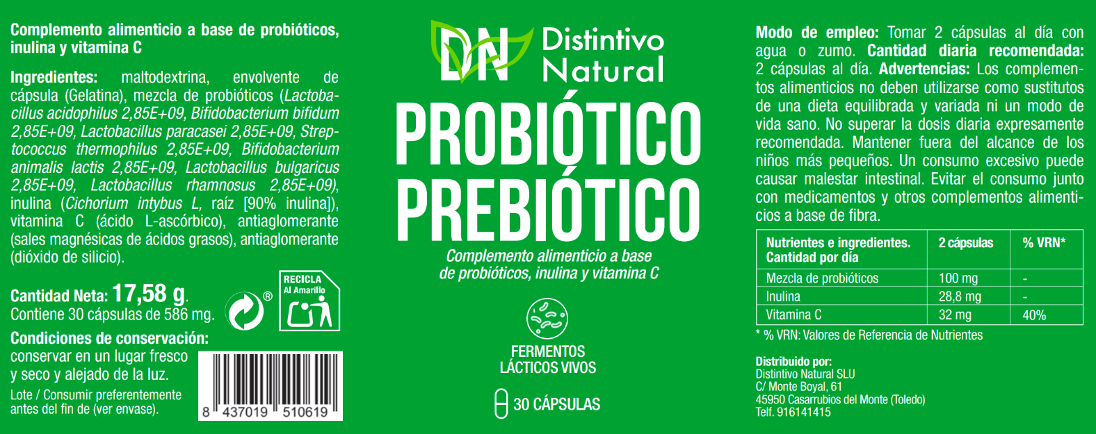 Probiótico y Prebiótico Distintivo Natural 30 cápsulas