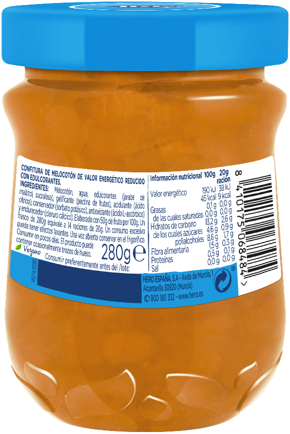 Confitura con 0% azúcar añadido de melocotón Hero 280g