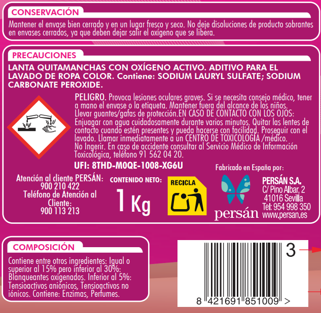 Quitamanchas oxigeno activo en polvo Lanta 1kg para ropa de color