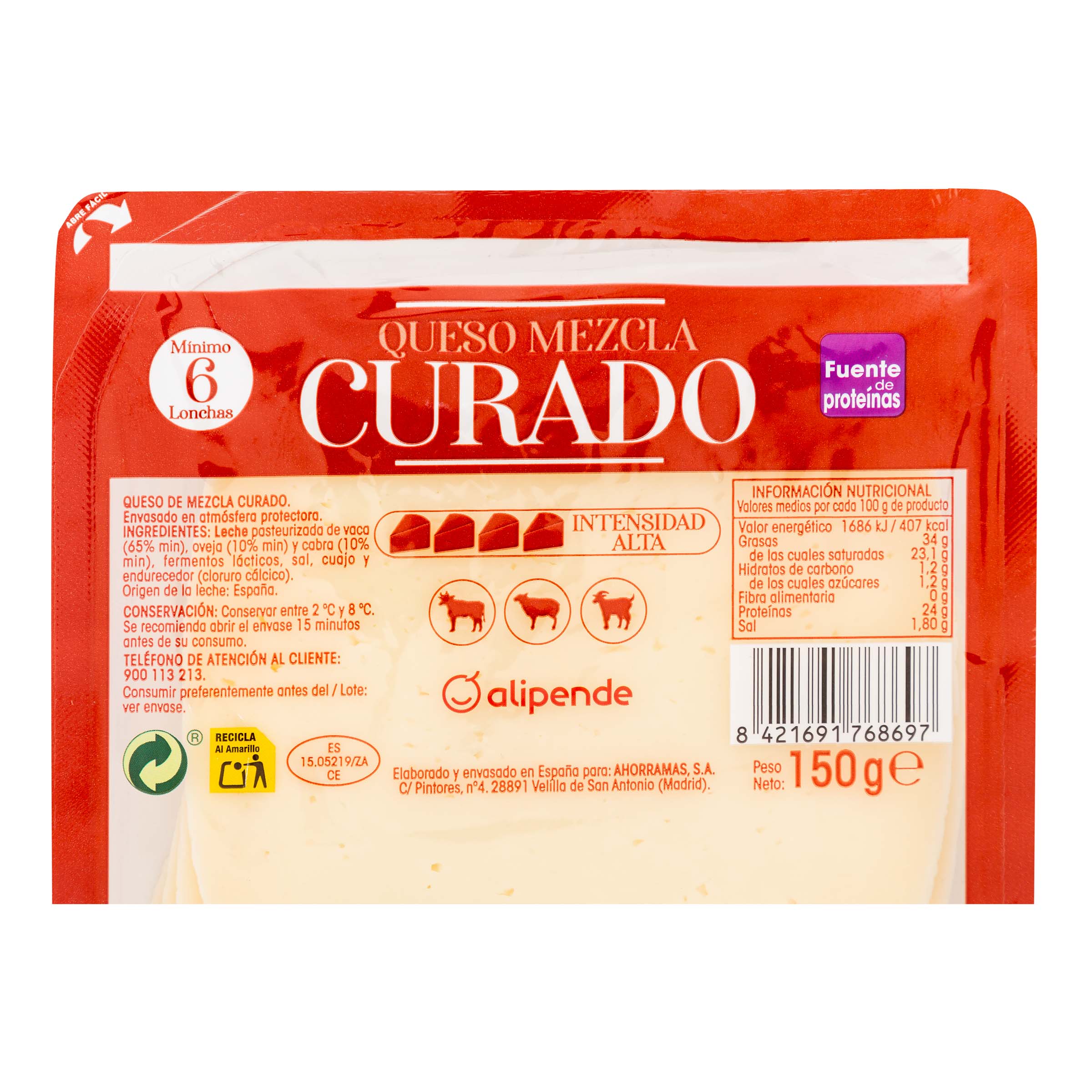 Queso mezcla curado en lonchas Alipende 150g