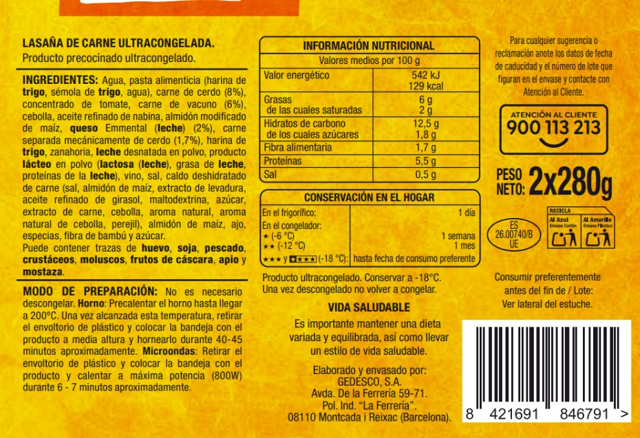 Lasaña Alipende 280g pack-2 carne