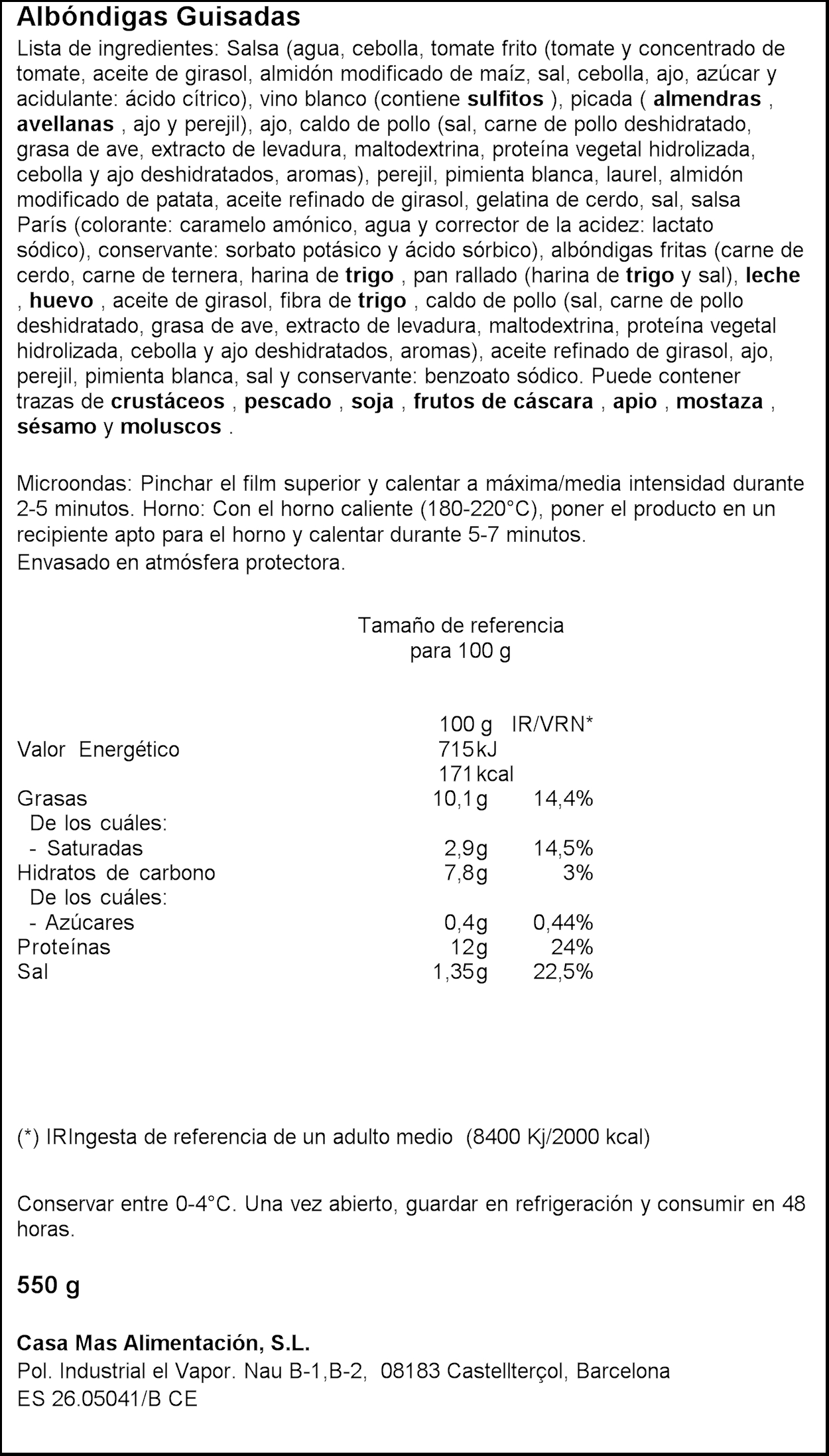 Albóndigas guisadas Casa Mas 550g