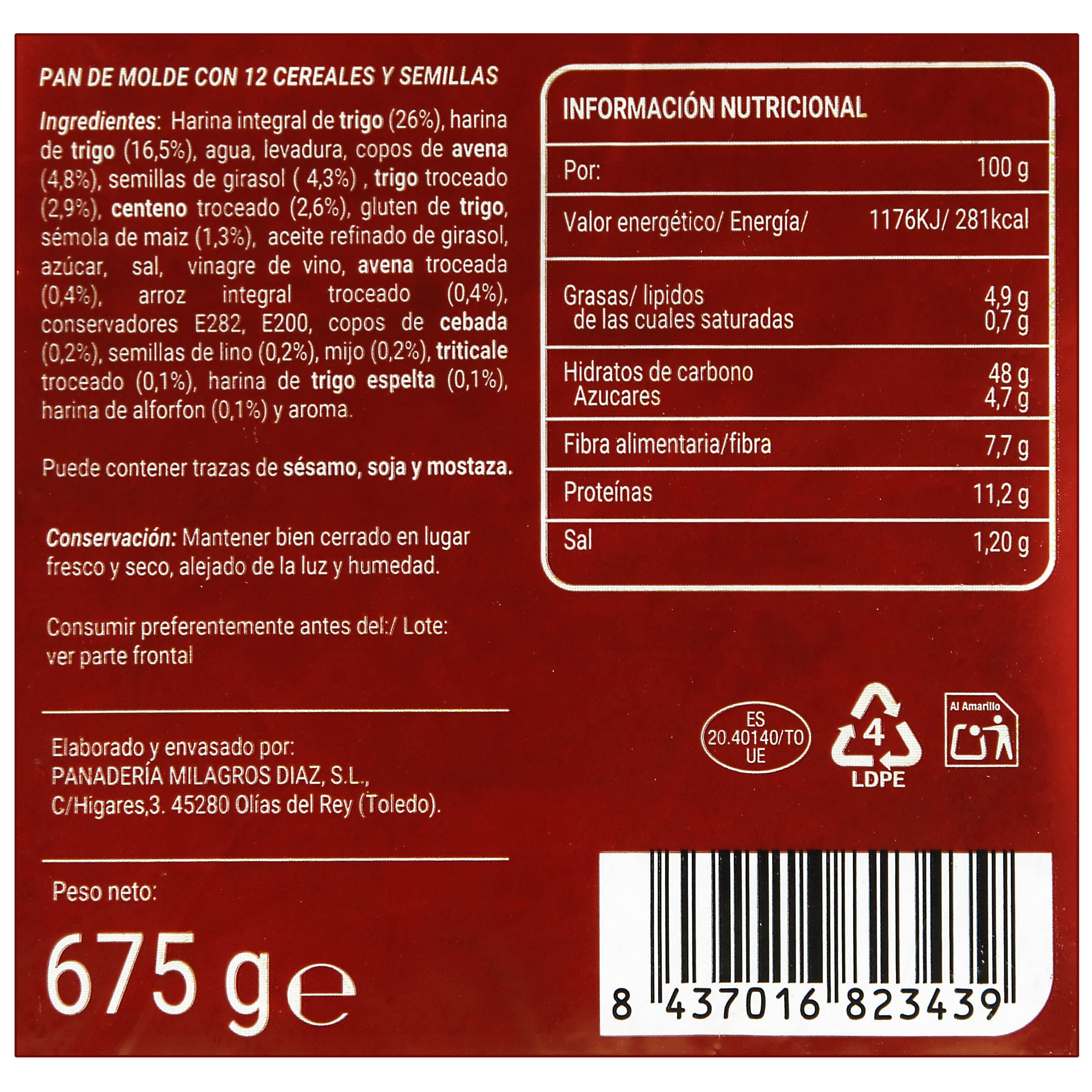 Pan de molde Milagros 675G con 12 cereales y semillas