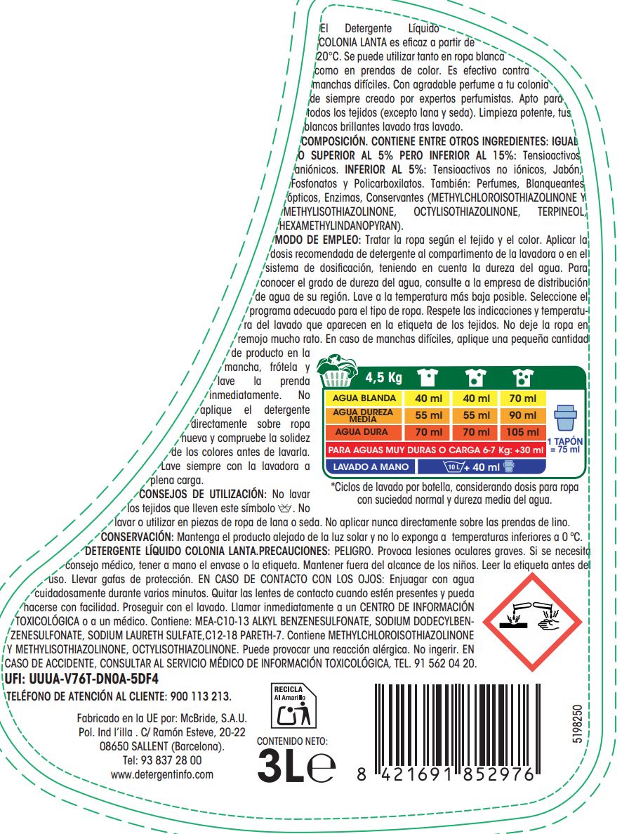 Detergente líquido Lanta 54 lavados Colonia