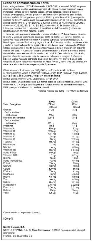 Leche continuación en polvo Nidina 2 Nestlé desde 6meses 800g