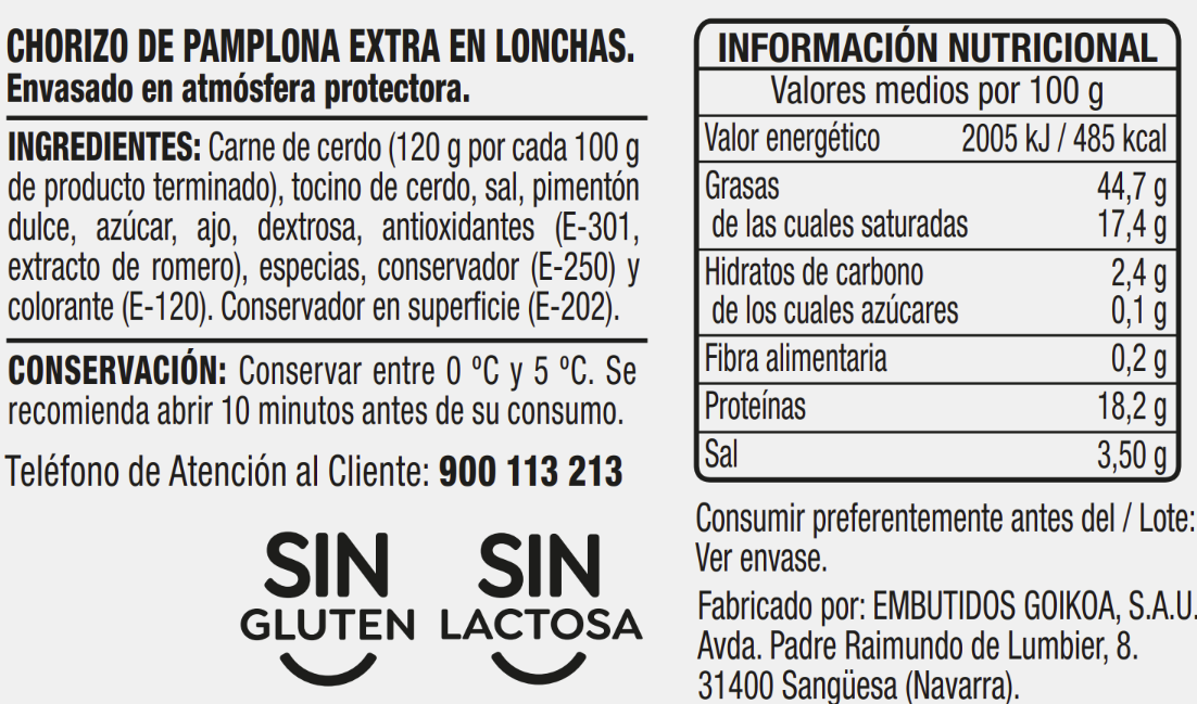 Chorizo de pamplona en lonchas Alipende pack 4 de 50g