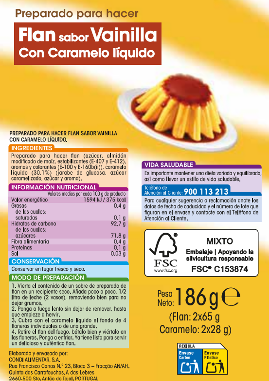 Preparado para hacer flan de vainilla y caramelo 2 uds Alipende 93g