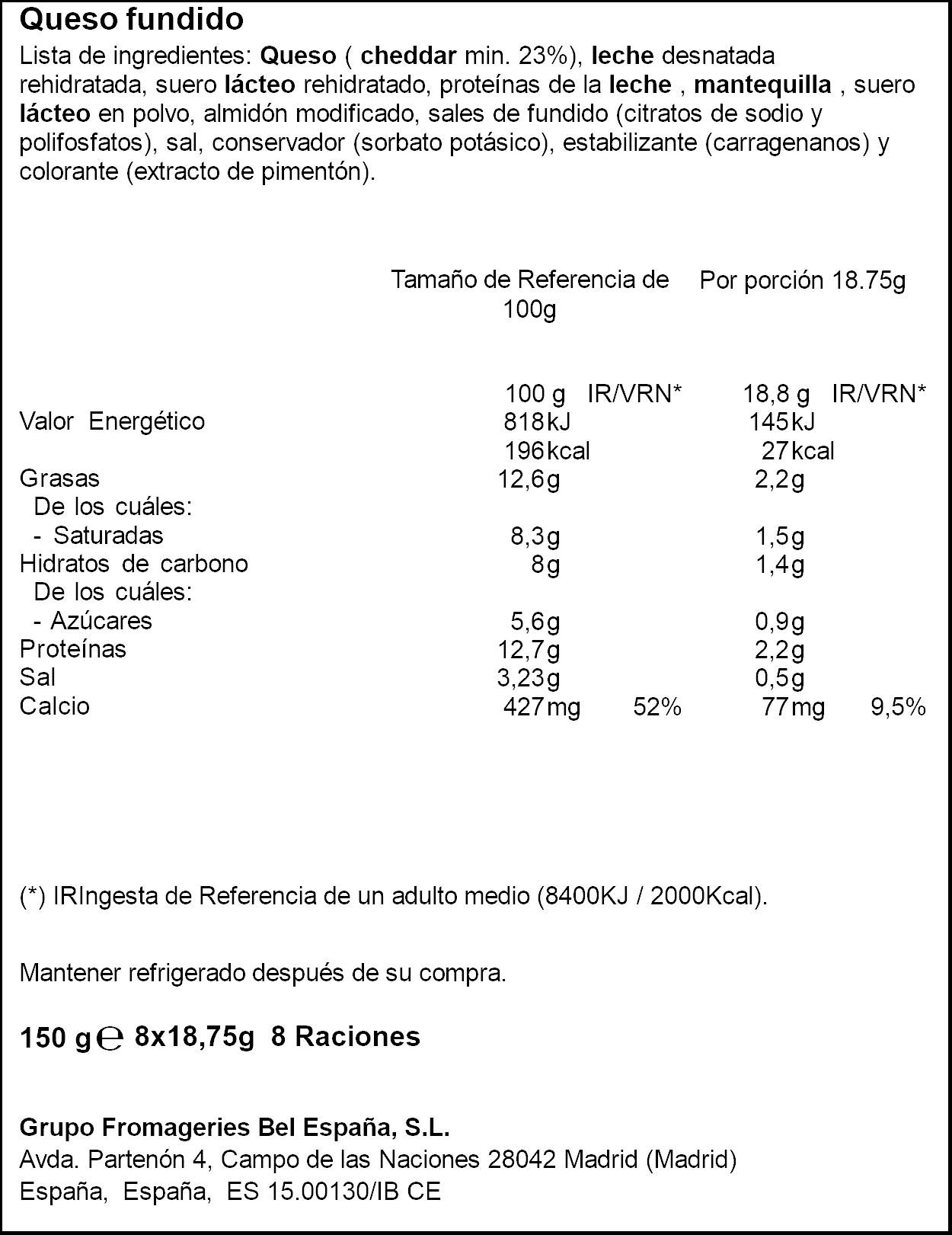 Queso cheddar Tranchettes extra fundente 8 unidades