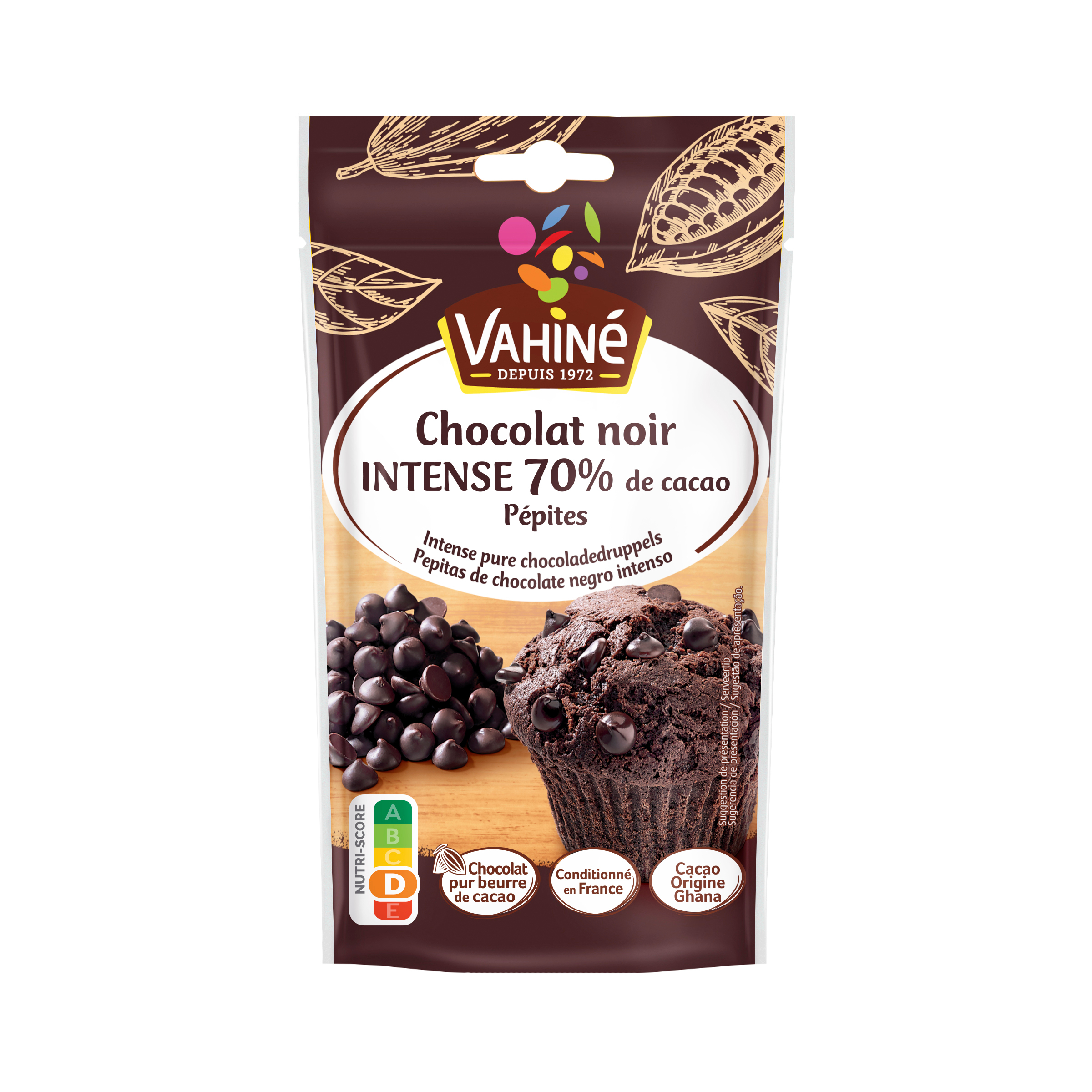 Pepitas de chocolate negro 70% de cacao Vahiné 100g