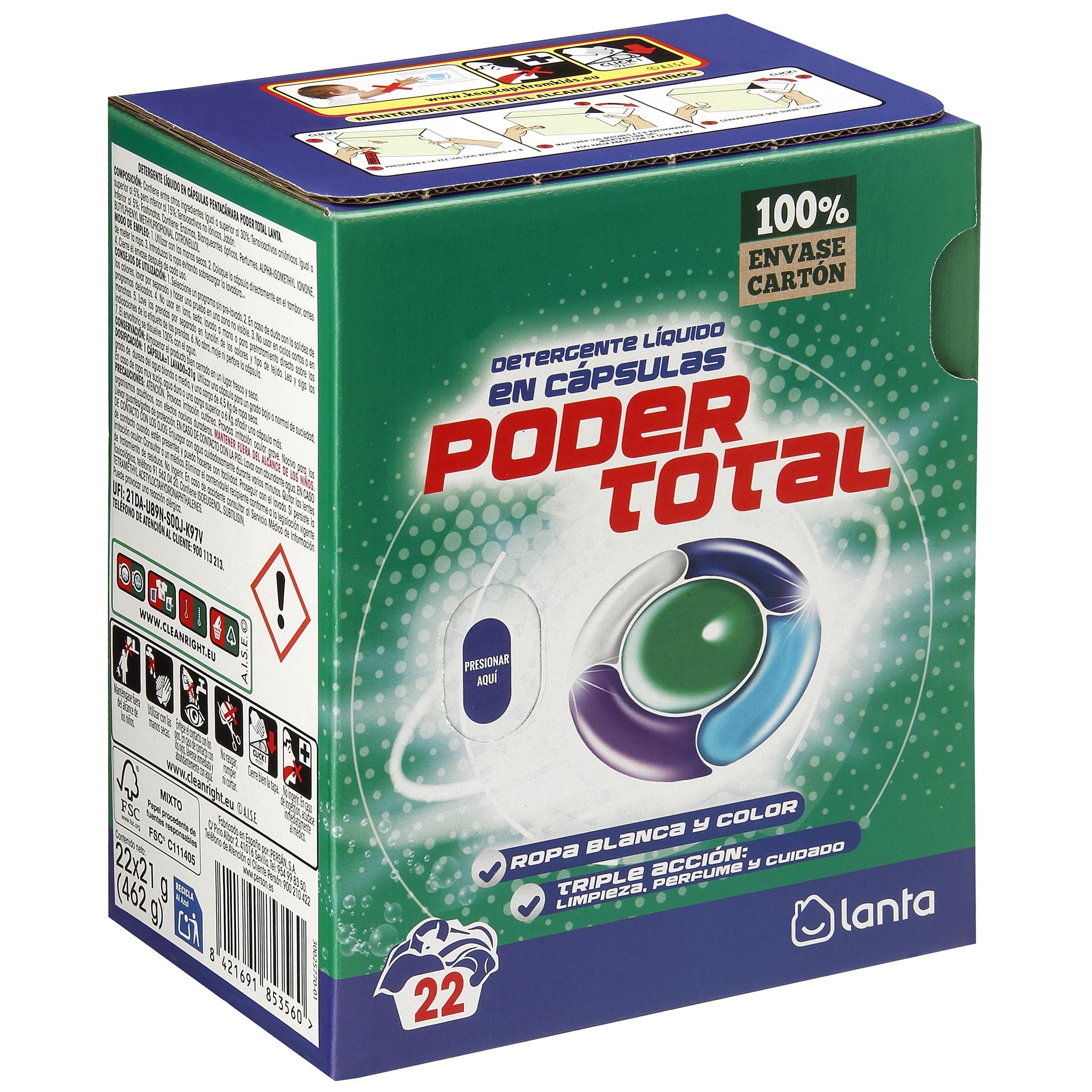 Detergente en capsula pentacámara Lanta 22 lavados poder total