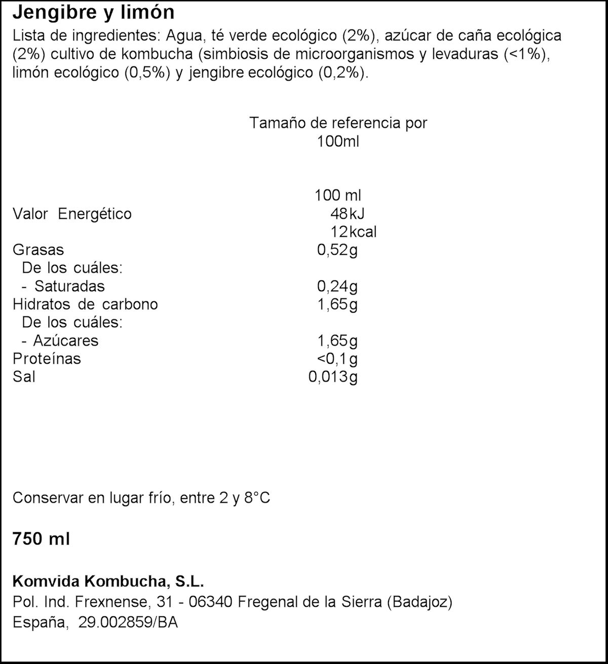 Kombucha Komvida 750ml jengibre y limón