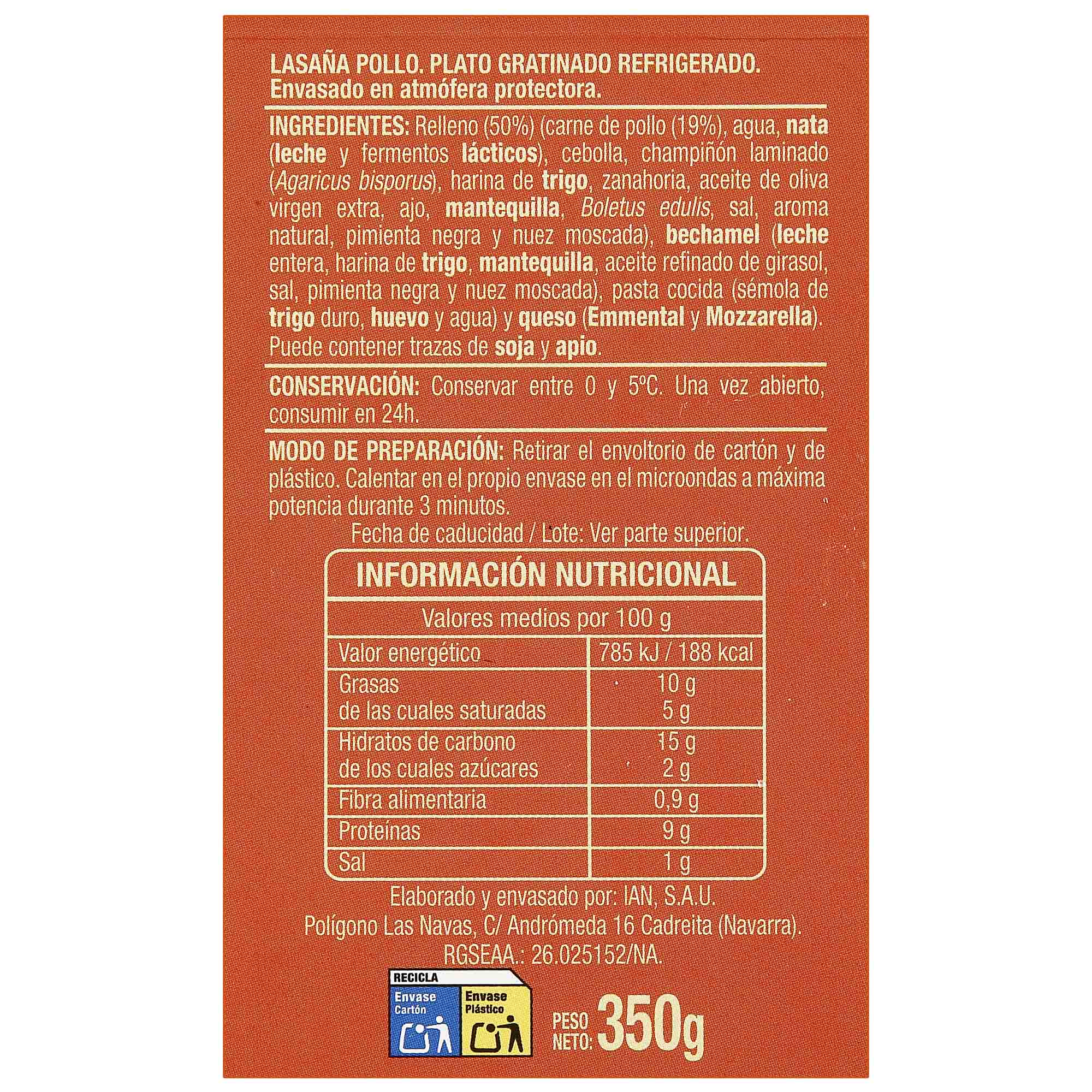 Lasaña gratinada con pollo 350g