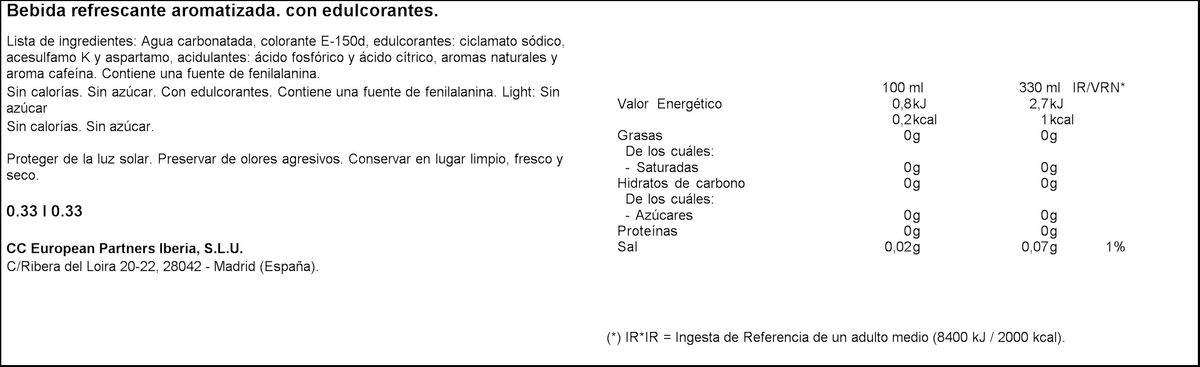 Refresco cola Coca-Cola lata 33cl light