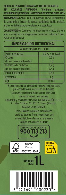 Bebida de zumo sin azúcar añadido Alipende 1 litro Guayaba