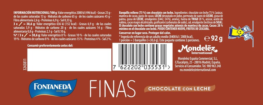 Galleta fina barquilllo de chocolate con leche Fontaneda 92g
