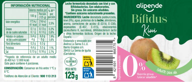Yogur bifidus 00% sin azúcar añadido pack 4 kiwi Alipende