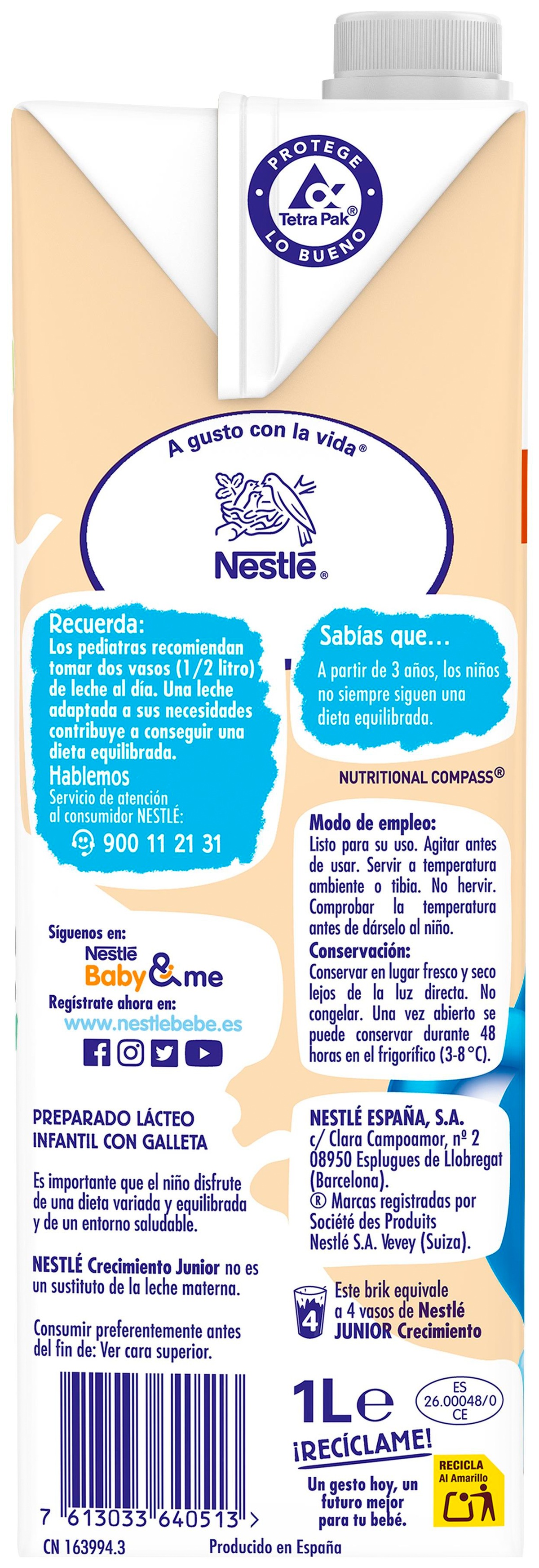 Leche crecimiento Nestlé junior galleta desde 36 meses 1l