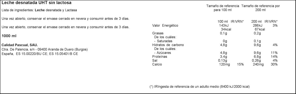 Leche sin lactosa Pascual 1l desnatada
