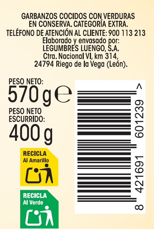 Garbanzo cocido con verdura Alipende 400g