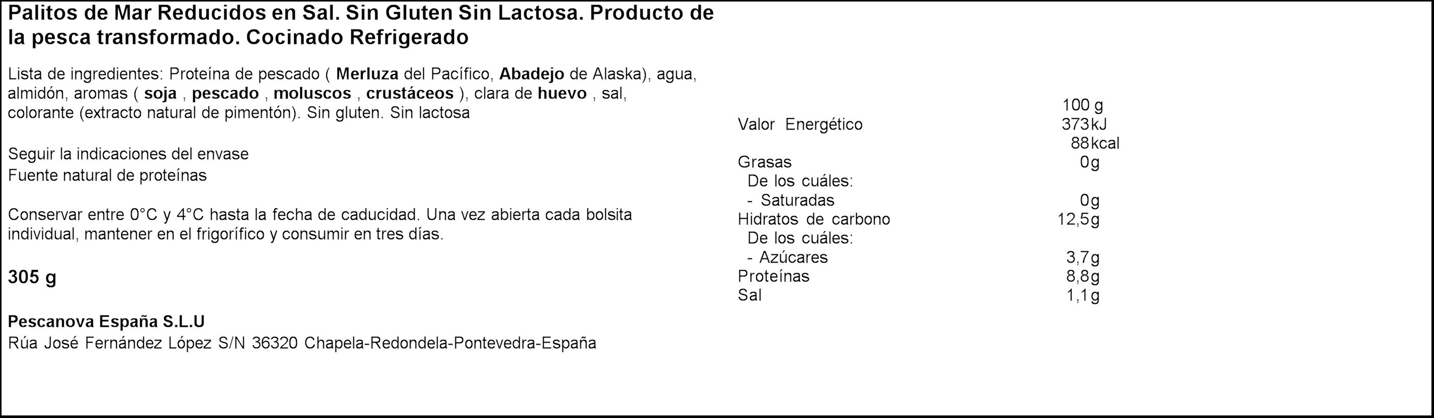 Palitos de mar reducidos en sal Pescanova 305g
