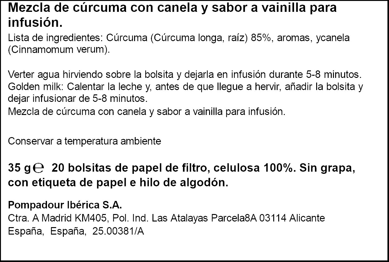 Infusión con cúrcuma canela y vainilla Pompadour 20 unidades