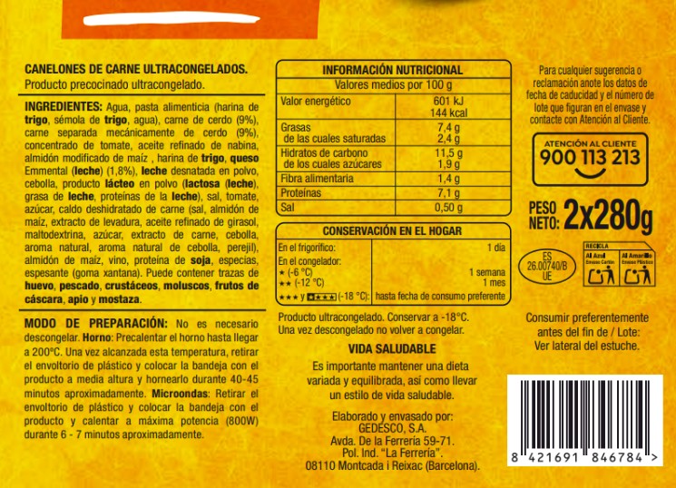 Canelones Alipende 280g pack 2 carne