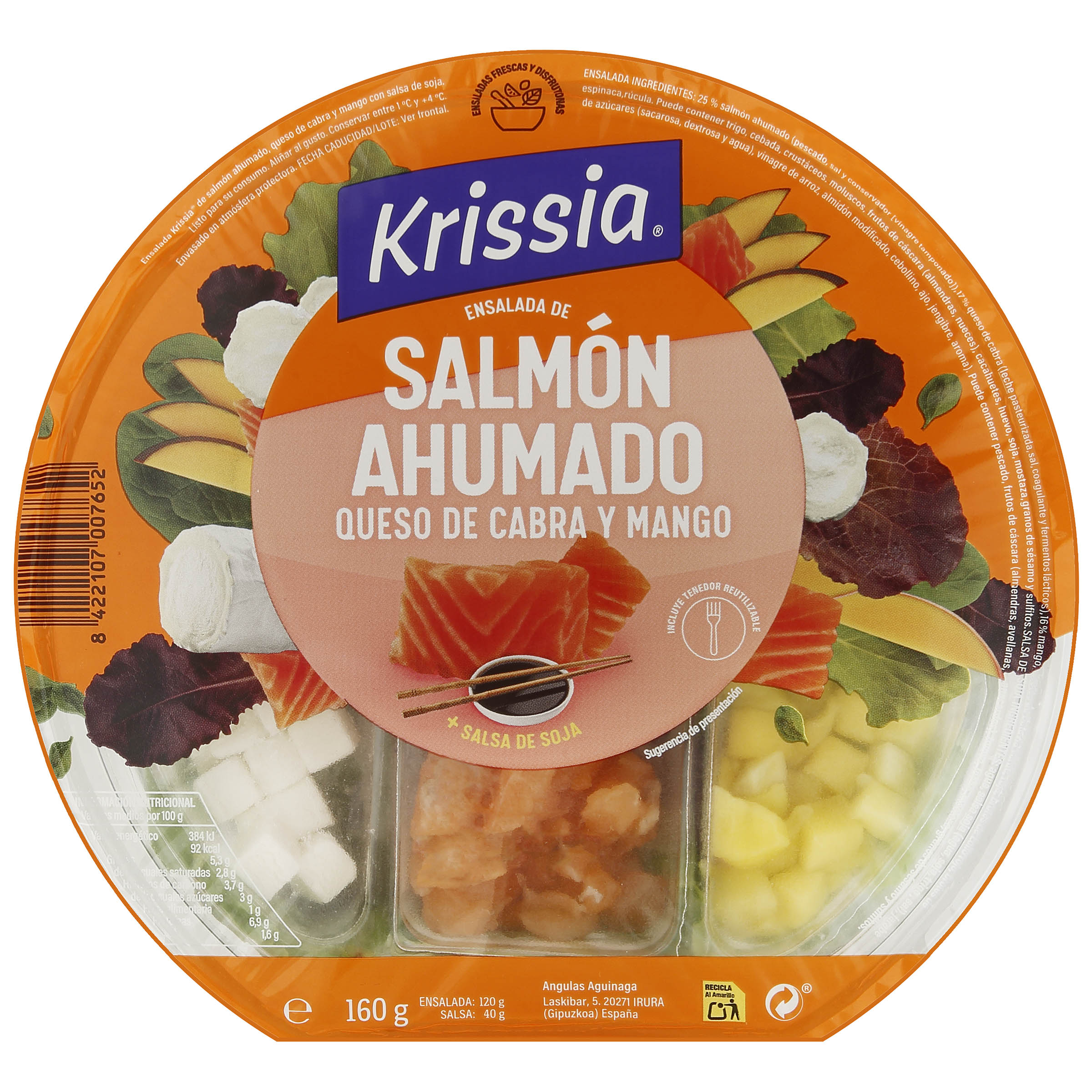 Ensalada Krissia con salmón ahumado queso de cabra y mango 150g