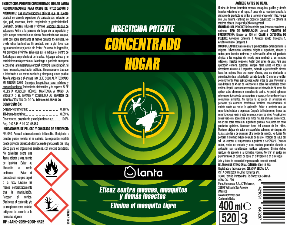 Insecticida concentrado Lanta spray 520ml hogar