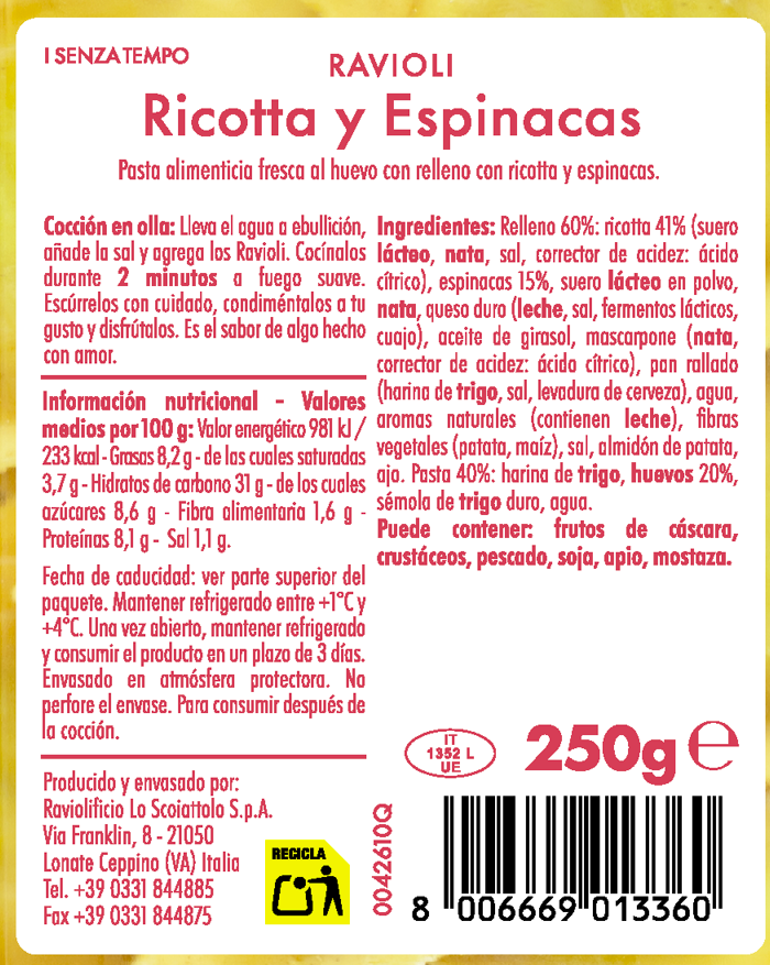 Ravioli con ricota y espinacas Scoiattolo 250g