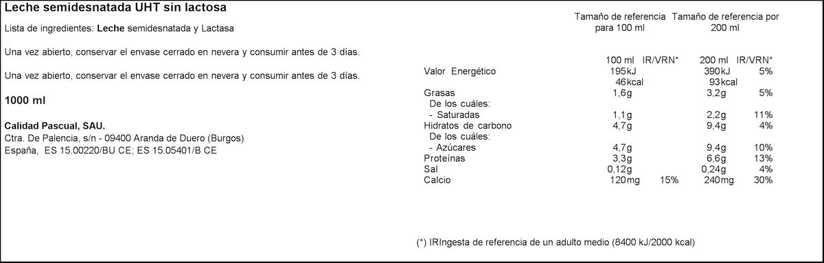 Leche sin lactosa Pascual 1l semidesnatada