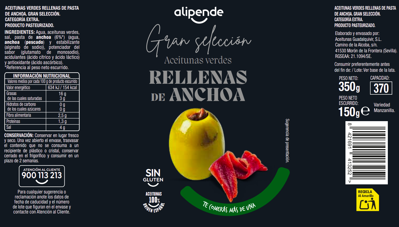Aceitunas rellenas de anchoa Alipende 150g seleccion