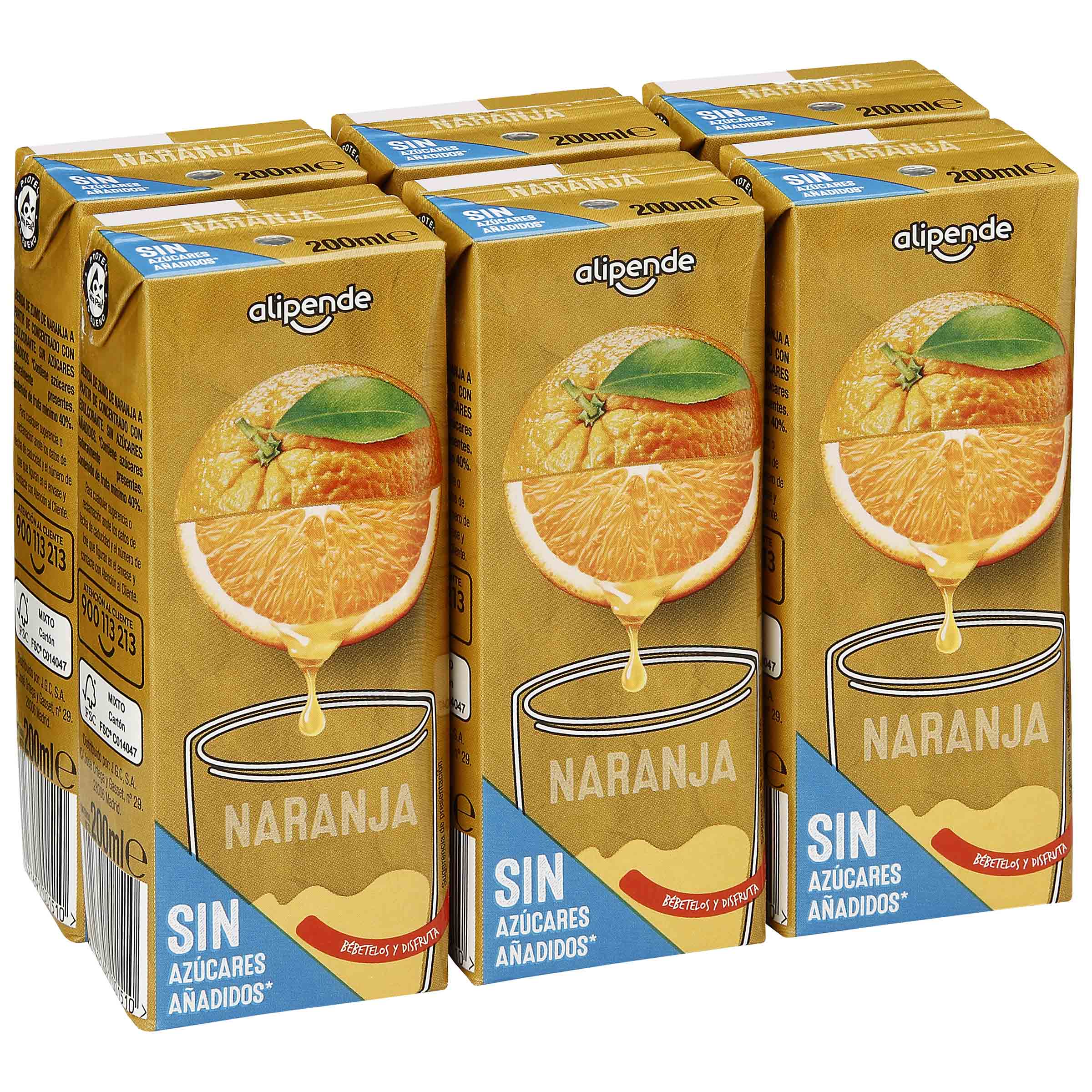 Bebida sin azúcar añadido naranja Alipende 200 ml 6 unid