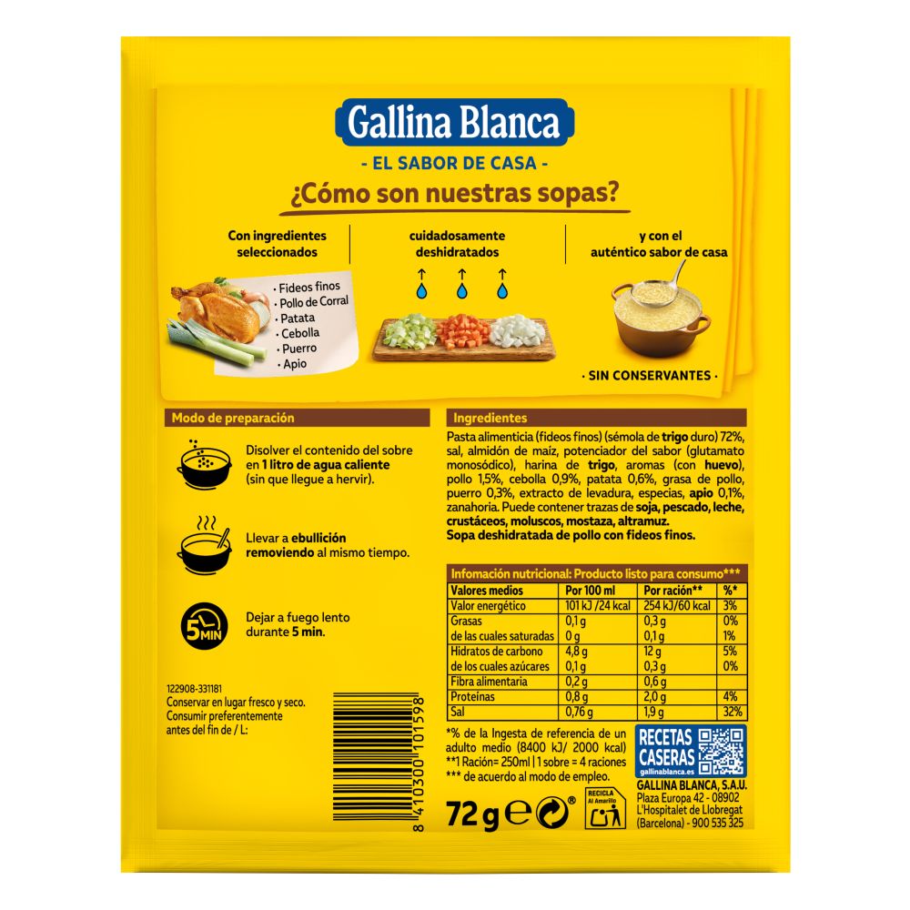 Sopa Gallina Blanca 71g pollo con fideos finos