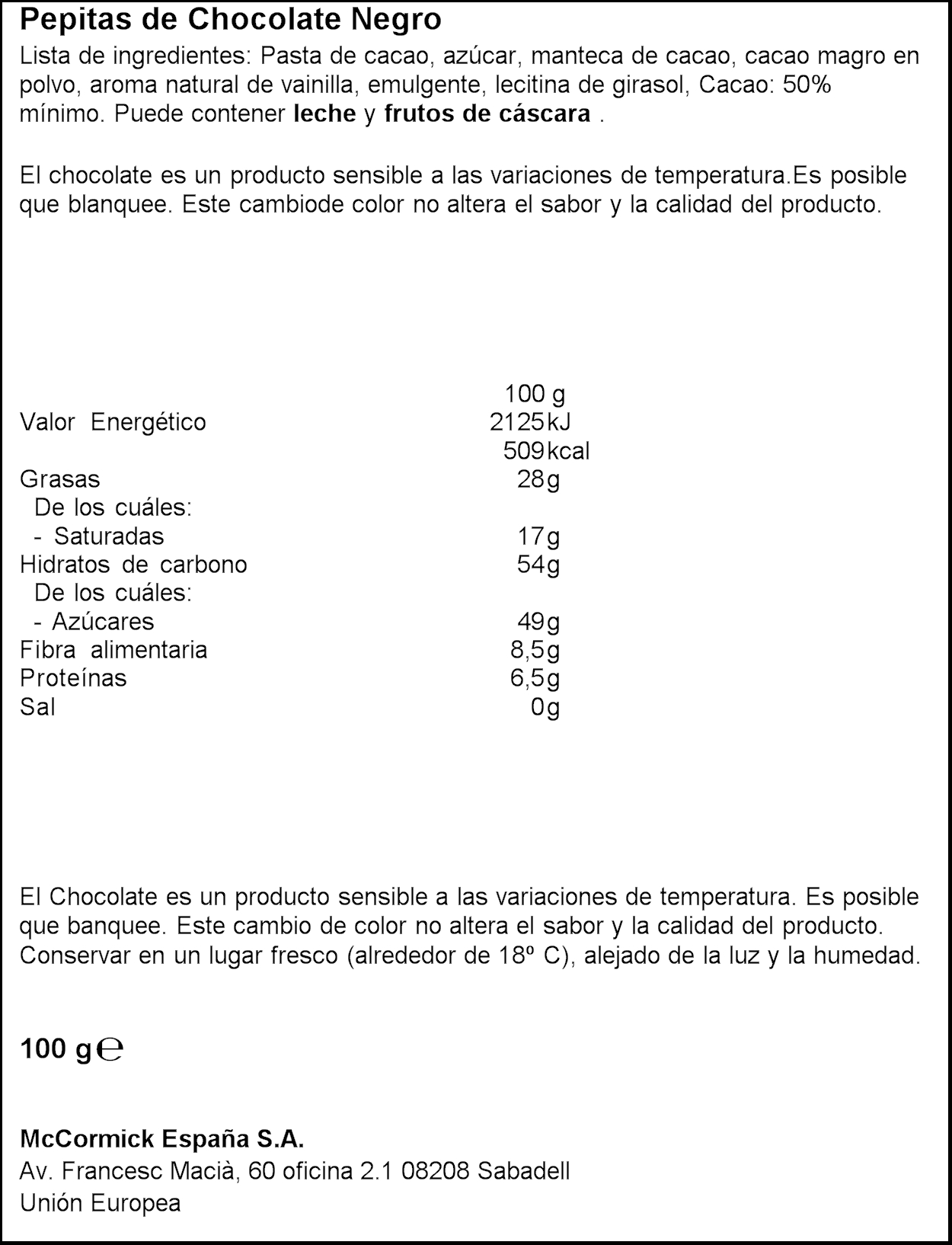 Maxi Pepitas de chocolate negro Vahiné Doy Pack 100g