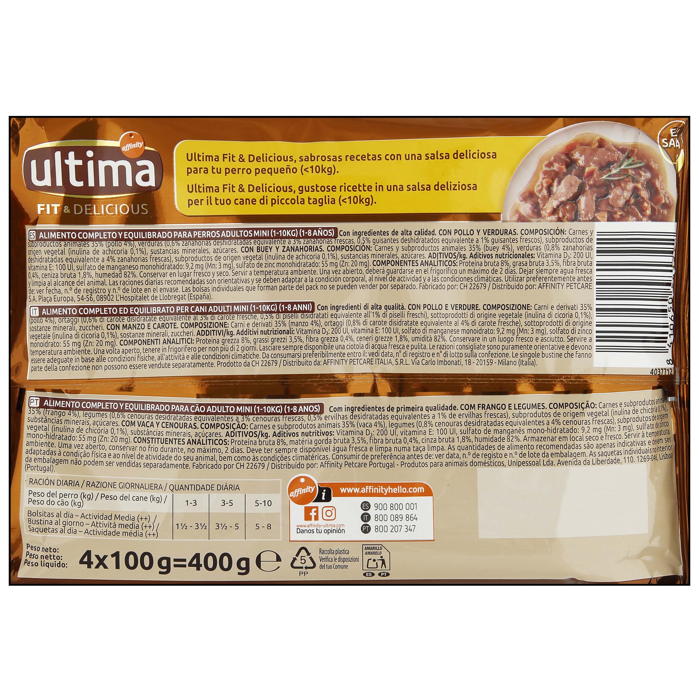 Ultima perro mini húmedo en salsa con pollo / buey 4x100gr