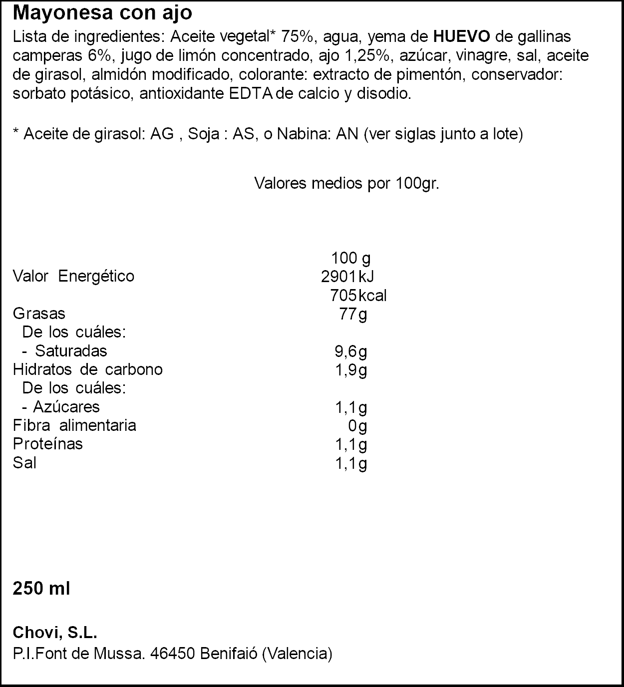 Salsa Ajonesa Chovi 250ml
