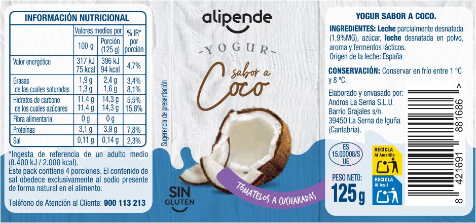 Yogur pack 4 con sabor a coco Alipende