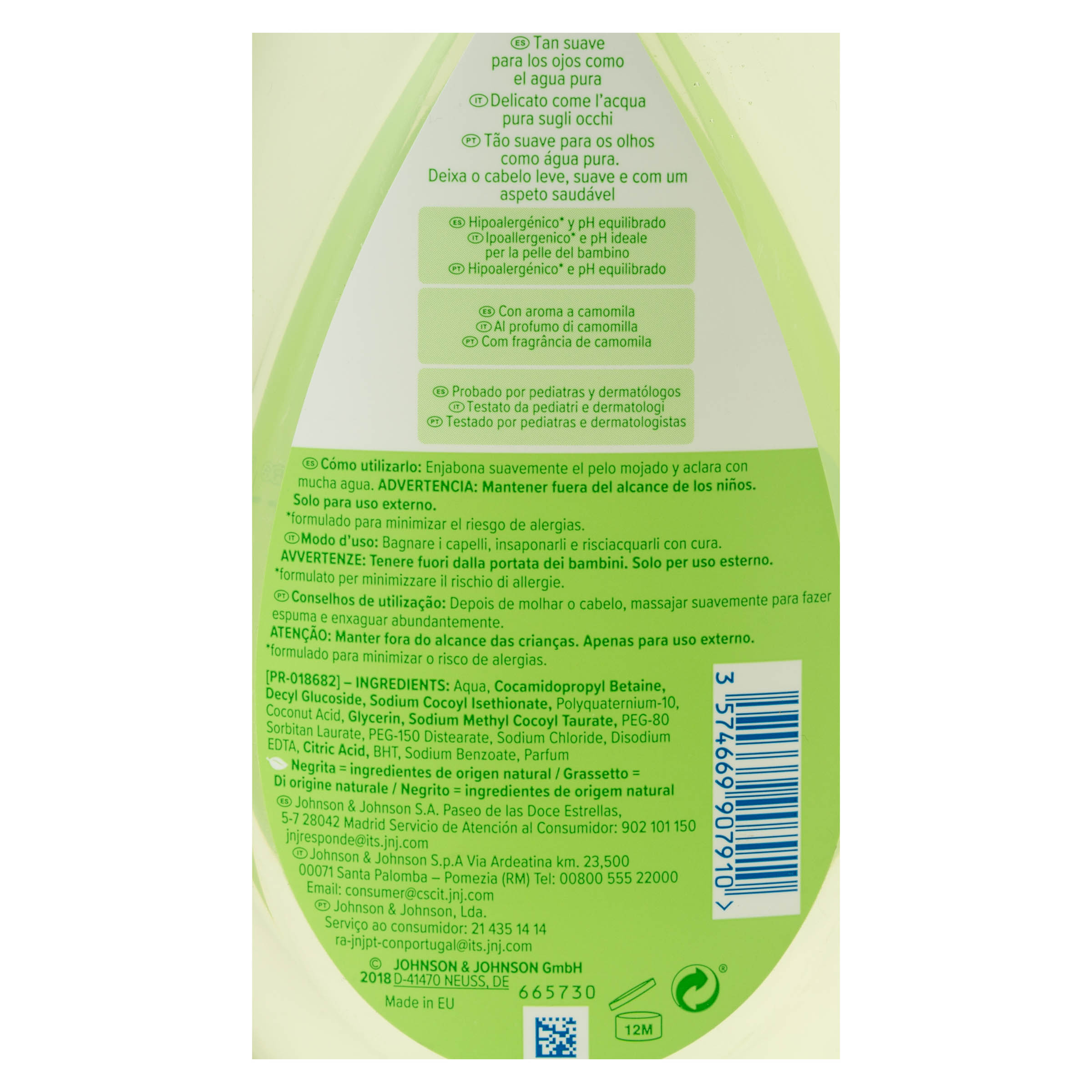 Champú infantil Johnson's 750ml camomila para un cabello brillante