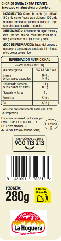 Chorizo sarta picante Alipende pieza 280g