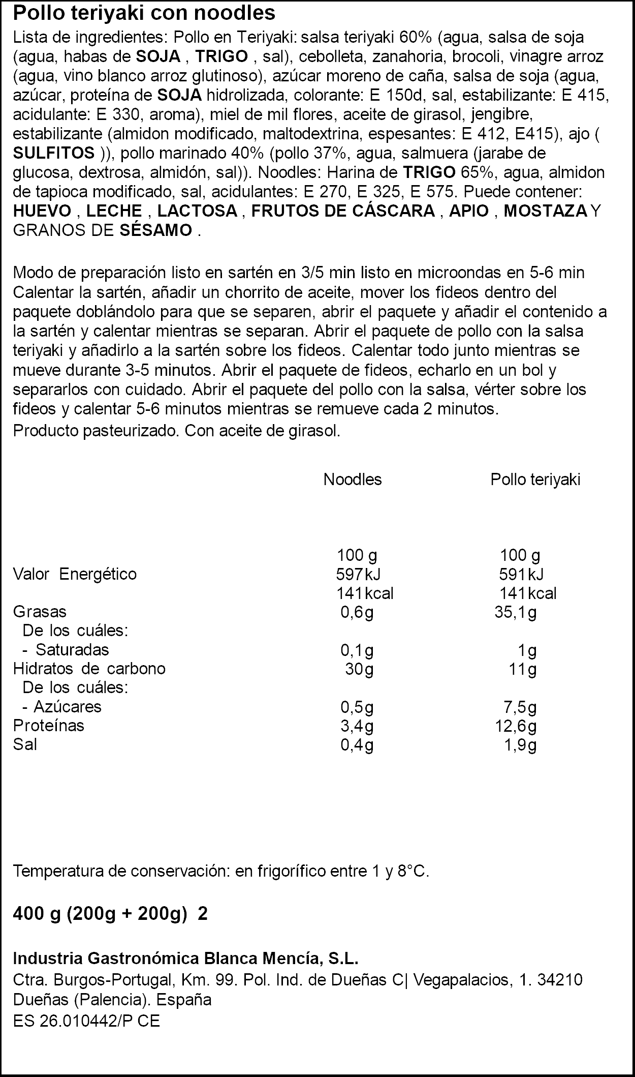 Pollo teriyaki con noodles Cascajares 400g