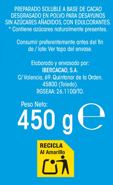 Cacao soluble 0% azúcares añadidos Alipende 450g