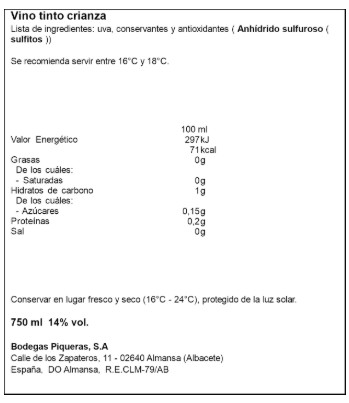 Vino tinto denominación de origen almansa crianza El Abuelo de Piqueras 75cl