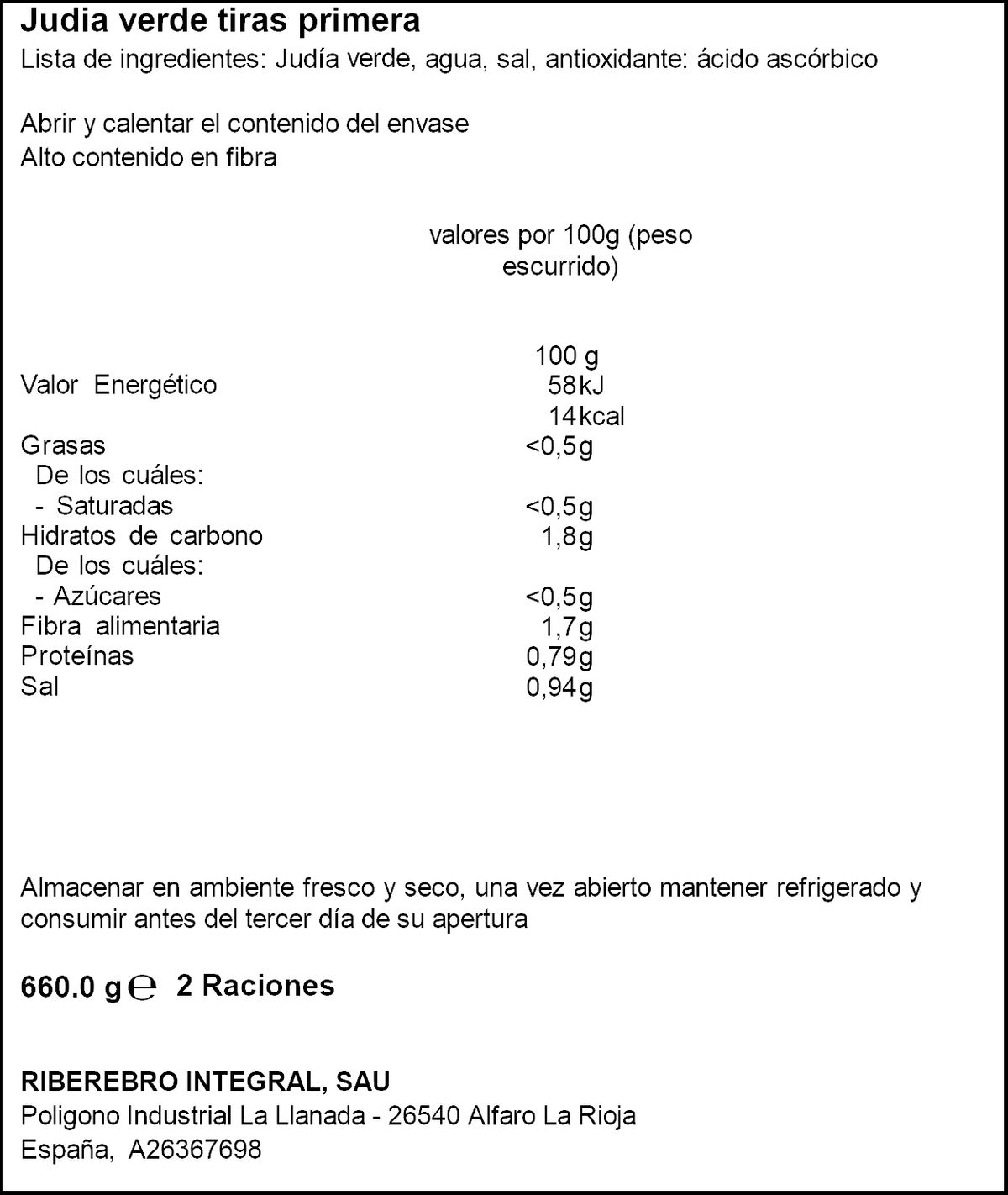 Judías verdes cortadas en tiras Gvtarra 660g