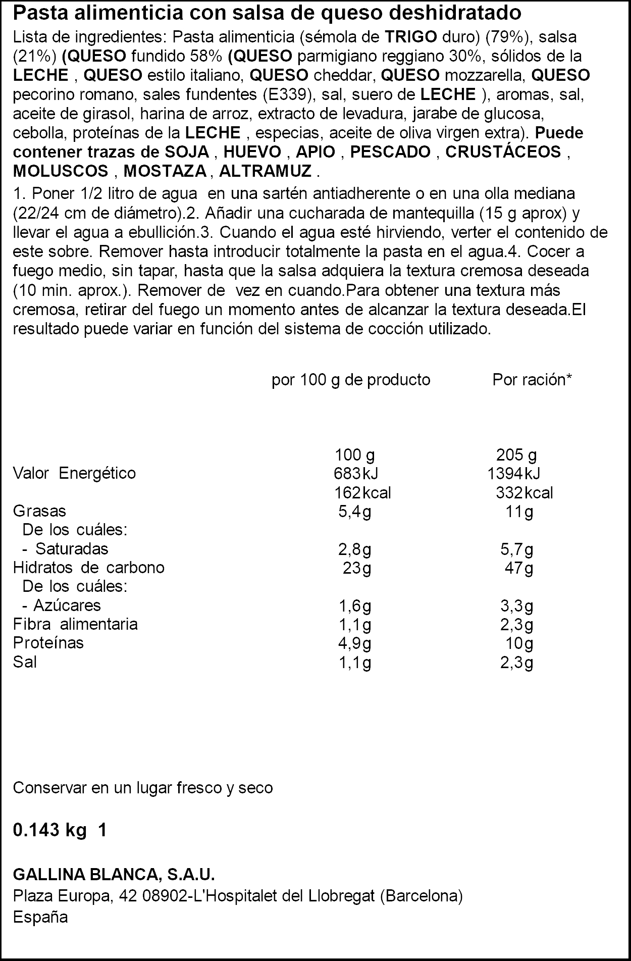 Tallarines deshidratados parmesana Gallina Blanca 143g