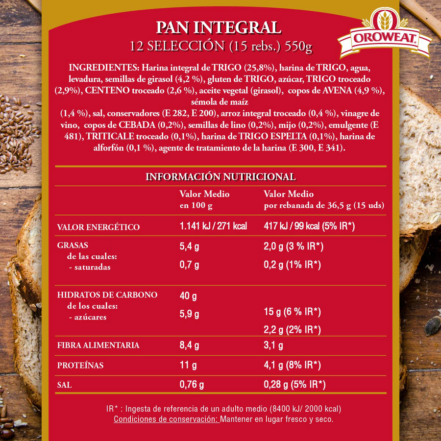 Pan de molde Oroweat 12 cereales y semillas 550g