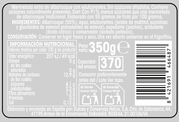 Mermelada diet albaricoque sin azúcar añadido Alipende 350g