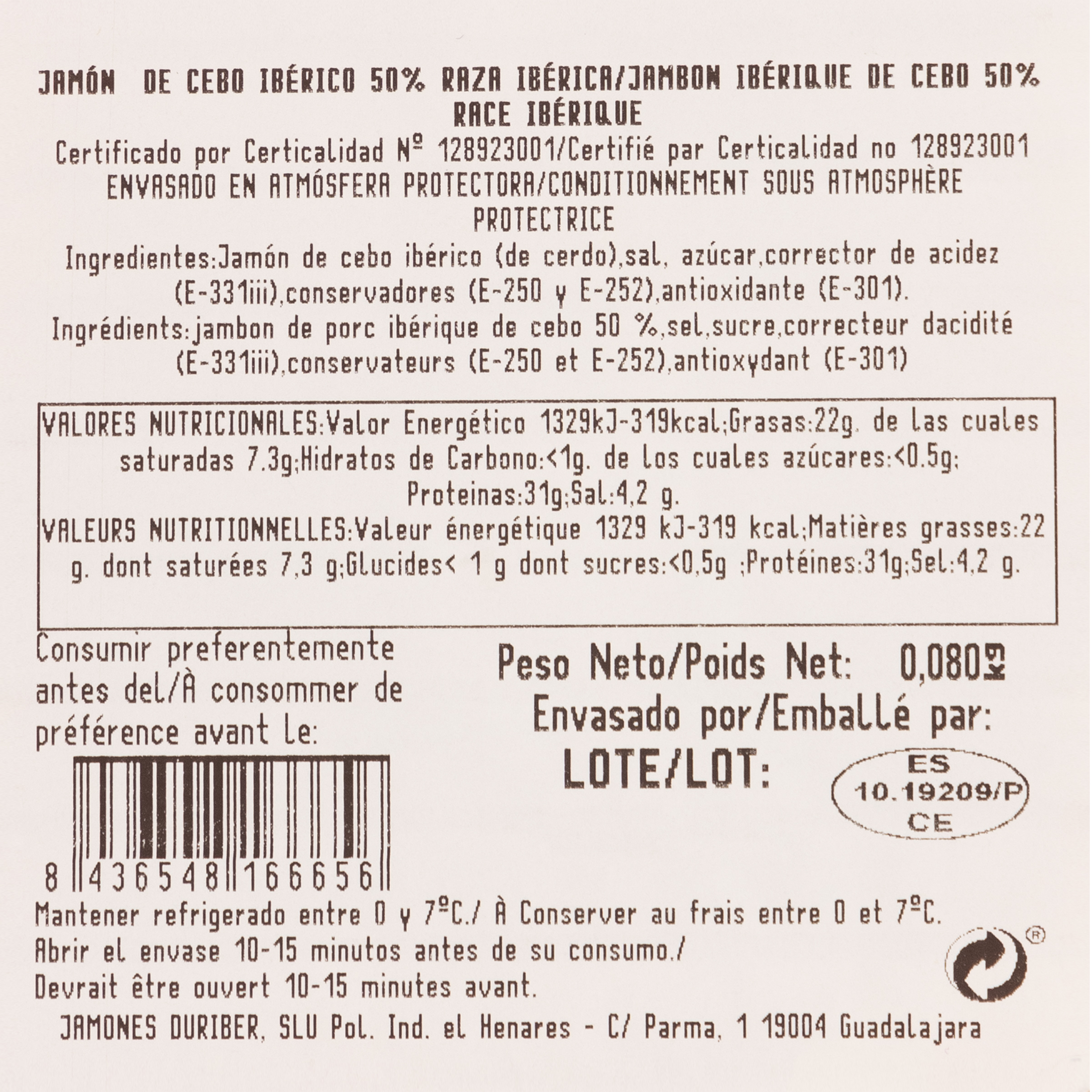 Jamón de cebo ibérico 50% raza IB. Supreme de placeres 80 gr