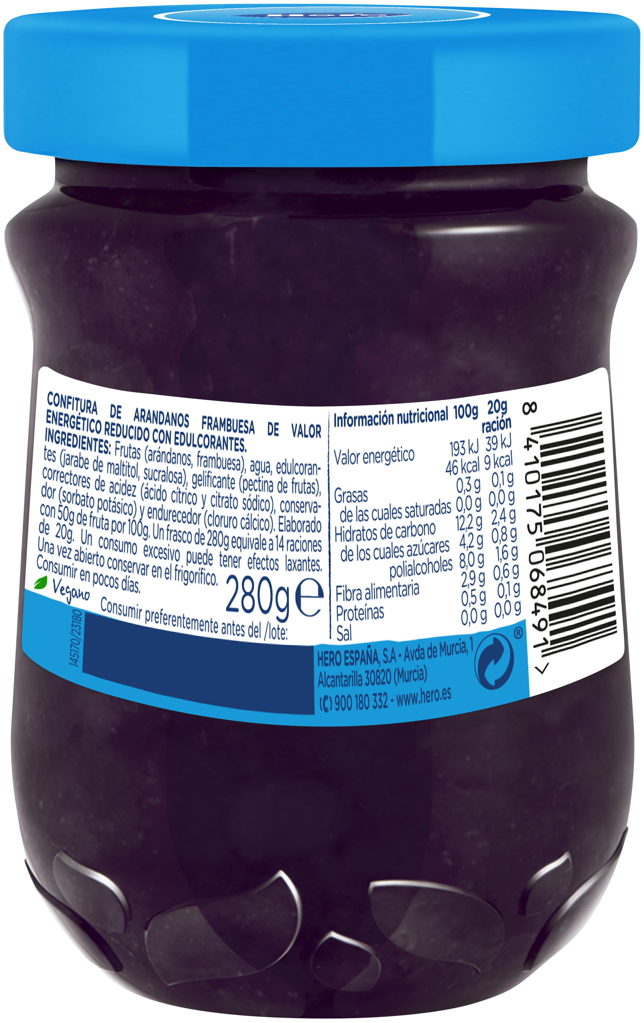 Confitura Arándanos y Frambuesa Hero Diet 280g